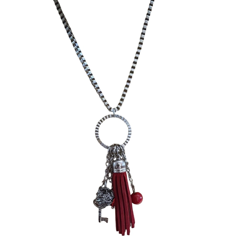 Silver Tone Box Chain Tassel Charm Necklace Red Suede Key Bead Boho Eclectic